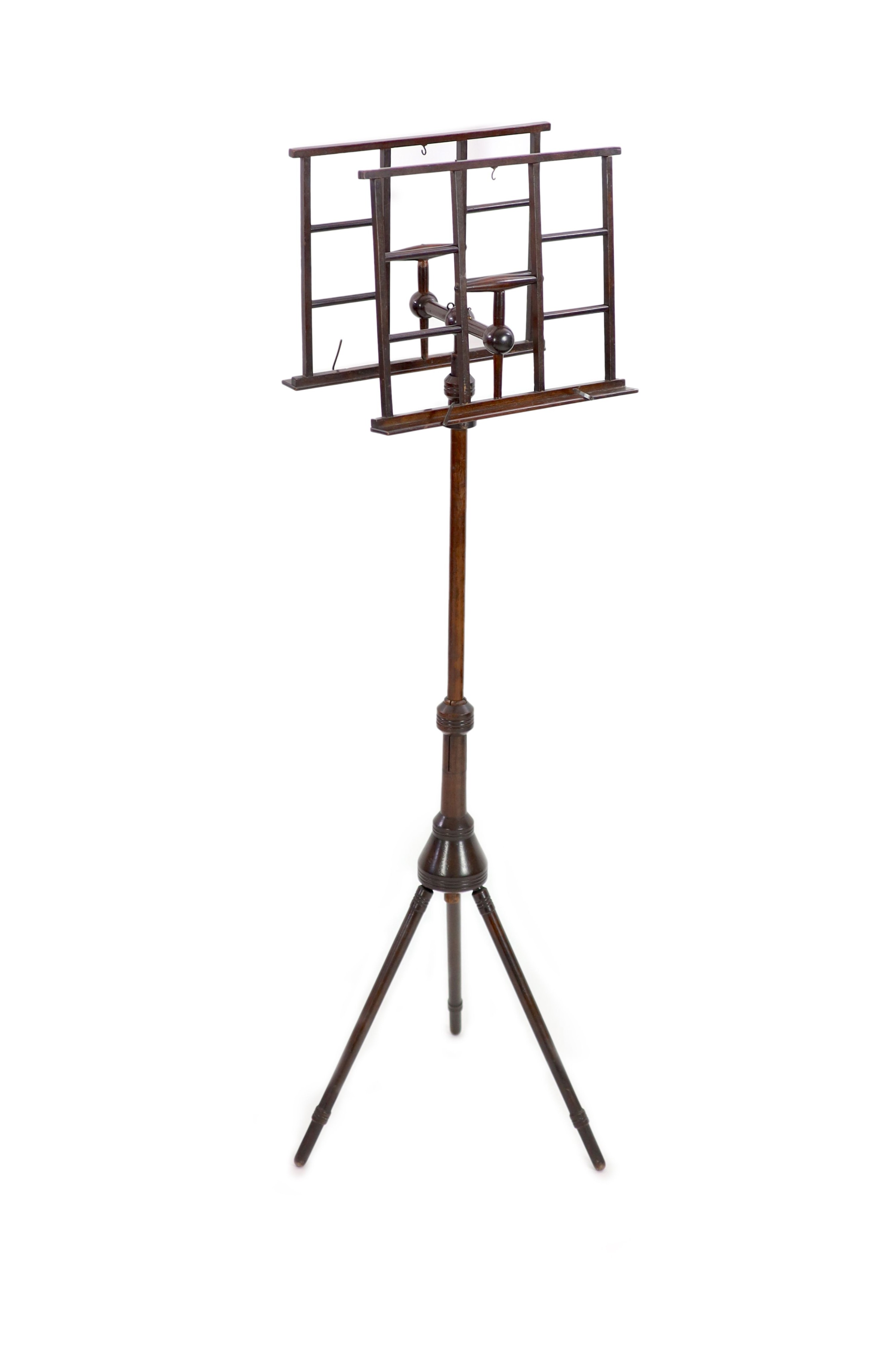 A Wheeldon's Patent turned mahogany duet stand of aesthetic design, W.41cm H.146cm